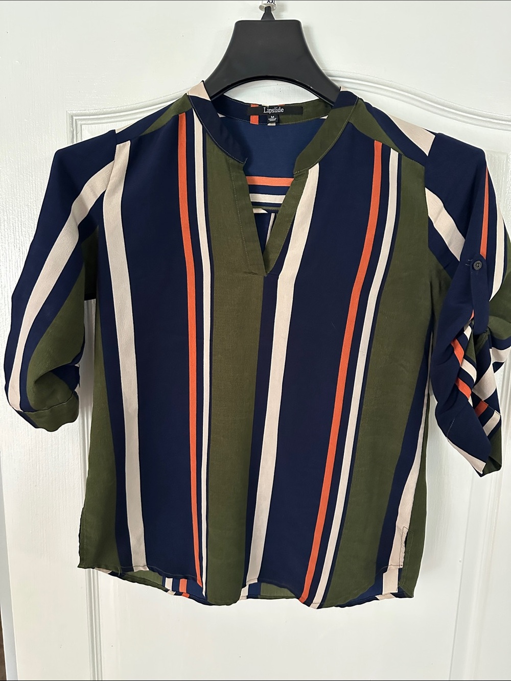 Striped V-Neck Roll-Tab Blouse in Navy, Olive & Cream